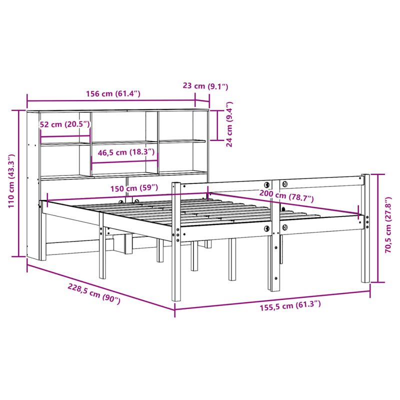 Casa si Gradina - Mobilier - Paturi si accesorii - Paturi - Pat cu biblioteca fara saltea maro ceruit 150x200 cm lemn masiv - Infinity.ro