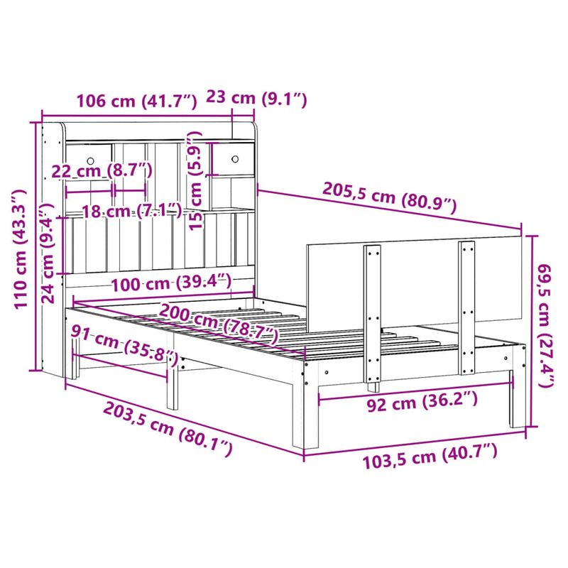 Casa si Gradina - Mobilier - Paturi si accesorii - Paturi - Pat cu biblioteca fara saltea, 100x200 cm, lemn masiv pin - Infinity.ro