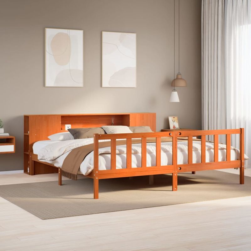 Casa si Gradina - Mobilier - Paturi si accesorii - Paturi - Pat cu biblioteca fara saltea maro 200x200 cm lemn masiv de pin - Infinity.ro