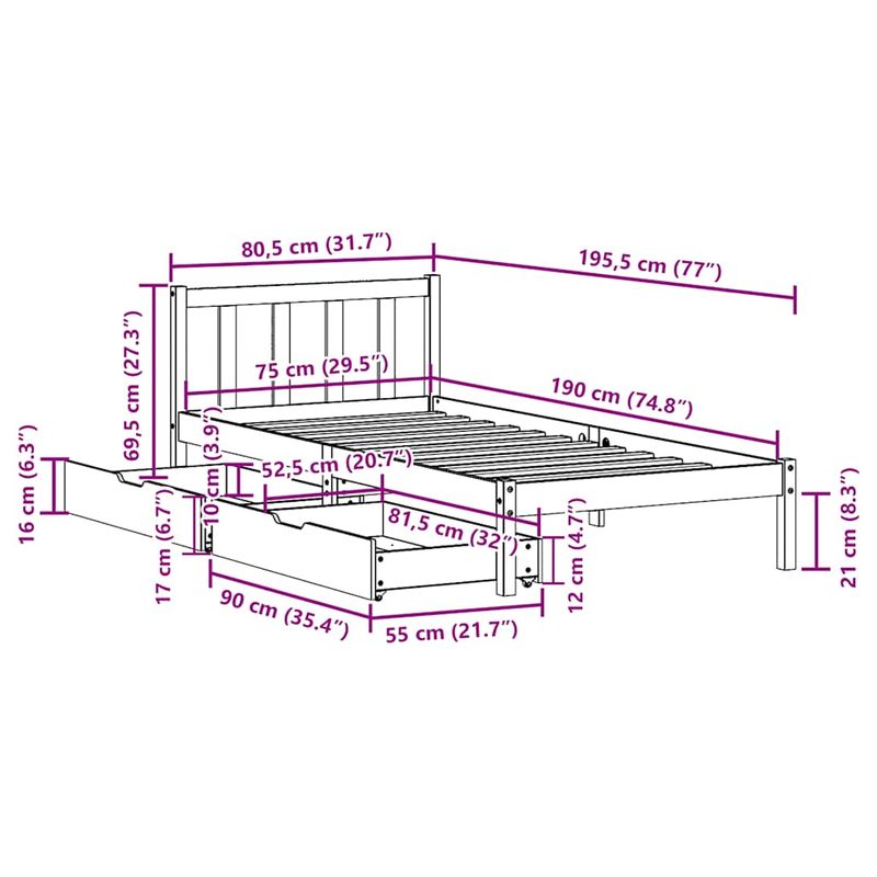 Casa si Gradina - Mobilier - Paturi si accesorii - Paturi - Cadru de pat fara saltea, alb, 75x190 cm, lemn masiv de pin - Infinity.ro