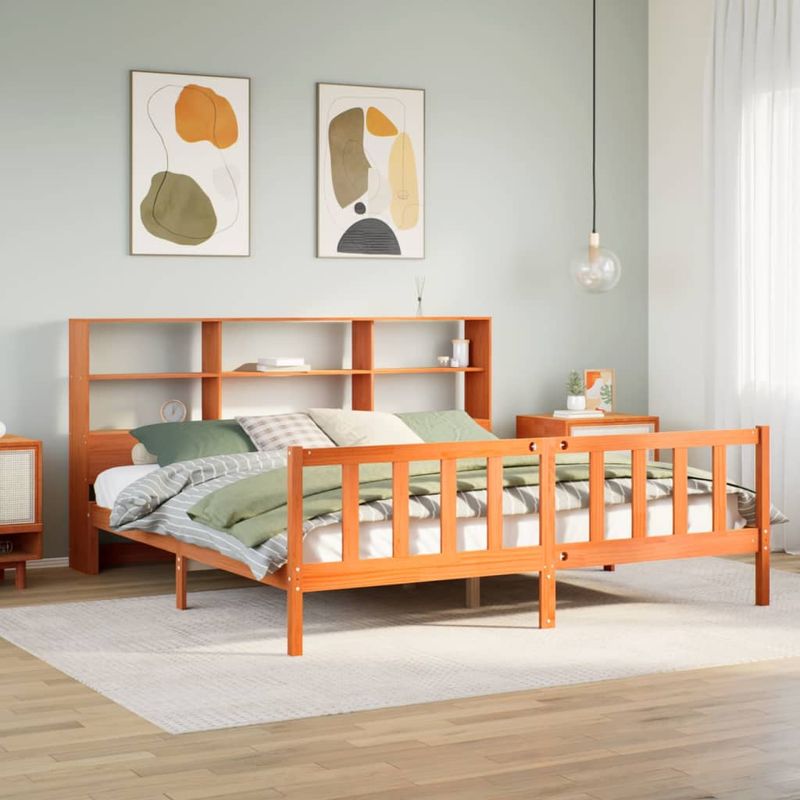 Casa si Gradina - Mobilier - Paturi si accesorii - Paturi - Pat cu biblioteca fara saltea maro 200x200 cm lemn masiv de pin - Infinity.ro