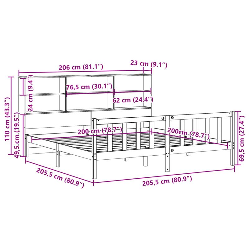 Casa si Gradina - Mobilier - Paturi si accesorii - Paturi - Pat cu biblioteca fara saltea maro 200x200 cm lemn masiv de pin - Infinity.ro