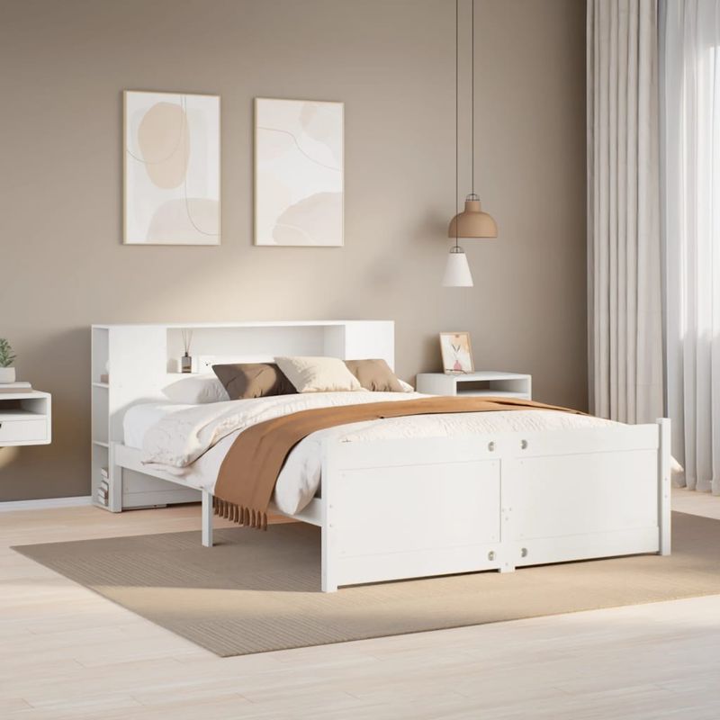Casa si Gradina - Mobilier - Paturi si accesorii - Paturi - Pat cu biblioteca fara saltea, alb, 160x200 cm, lemn masiv pin - Infinity.ro