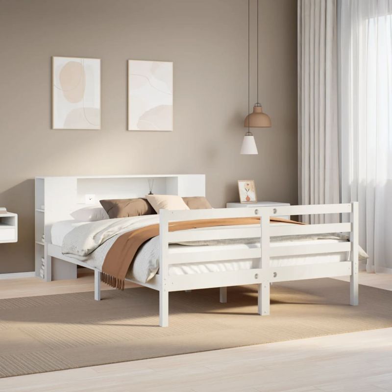 Casa si Gradina - Mobilier - Paturi si accesorii - Paturi - Pat cu biblioteca fara saltea, alb, 150x200 cm, lemn masiv pin - Infinity.ro
