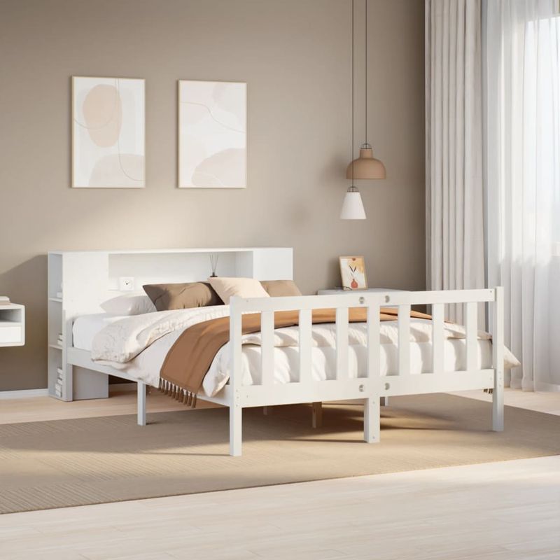 Casa si Gradina - Mobilier - Paturi si accesorii - Paturi - Pat cu biblioteca fara saltea, alb, 150x200 cm, lemn masiv pin - Infinity.ro