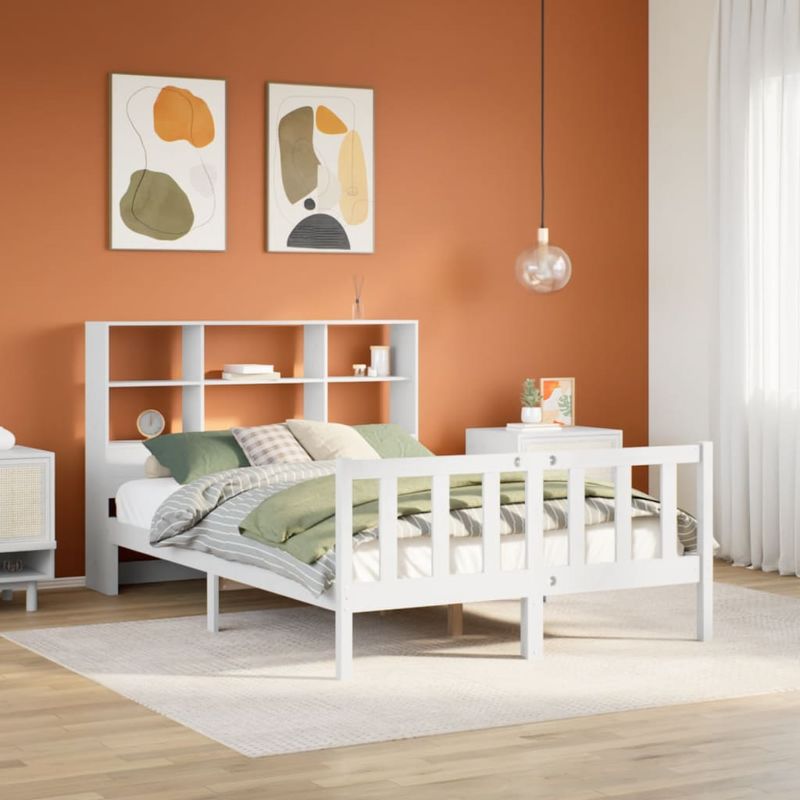 Casa si Gradina - Mobilier - Paturi si accesorii - Paturi - Pat cu biblioteca fara saltea, alb, 140x200 cm, lemn masiv pin - Infinity.ro