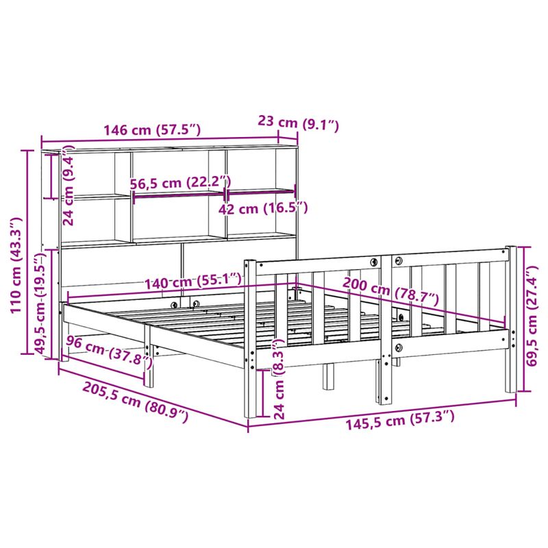 Casa si Gradina - Mobilier - Paturi si accesorii - Paturi - Pat cu biblioteca fara saltea, alb, 140x200 cm, lemn masiv pin - Infinity.ro