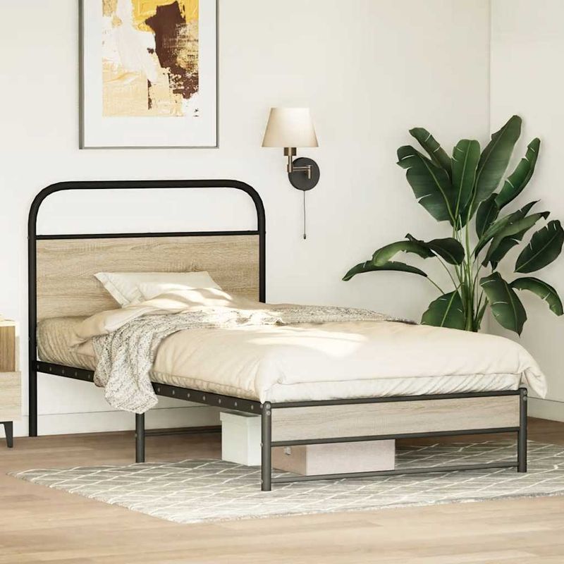 Casa si Gradina - Mobilier - Paturi si accesorii - Paturi - Cadru de pat fara saltea 90x190cm Stejar fumuriu lemn prelucrat, model cu tăblie de cap și tăblie de picioare joasă dublă - Infinity.ro