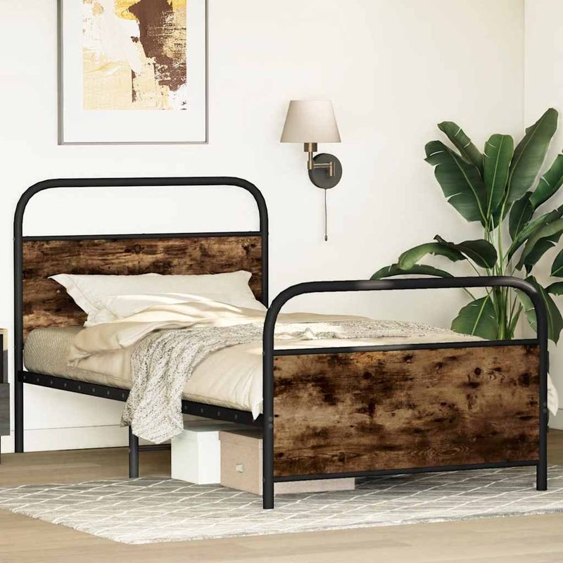 Casa si Gradina - Mobilier - Paturi si accesorii - Paturi - Cadru de pat fara saltea 107x203 cm Stejar fumuriu, model cu tăblie și suport de picioare - Infinity.ro