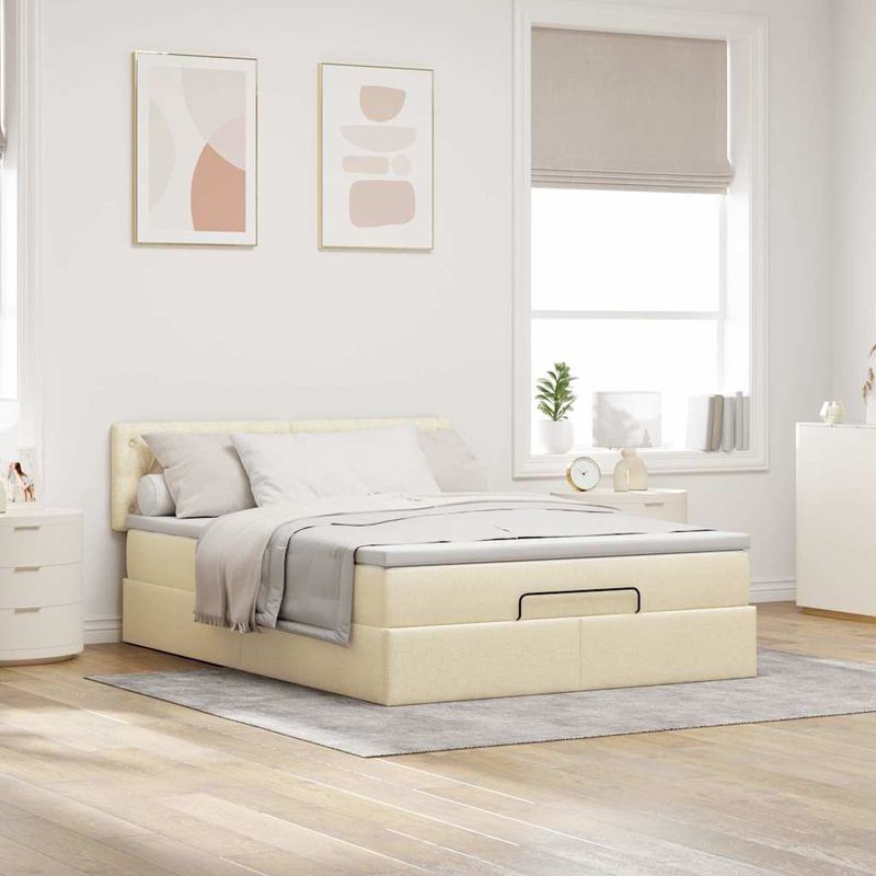 Casa si Gradina - Mobilier - Paturi si accesorii - Paturi - Pat otoman cu saltea crem 140x200 cm stofa, model design cu nasturi - Infinity.ro