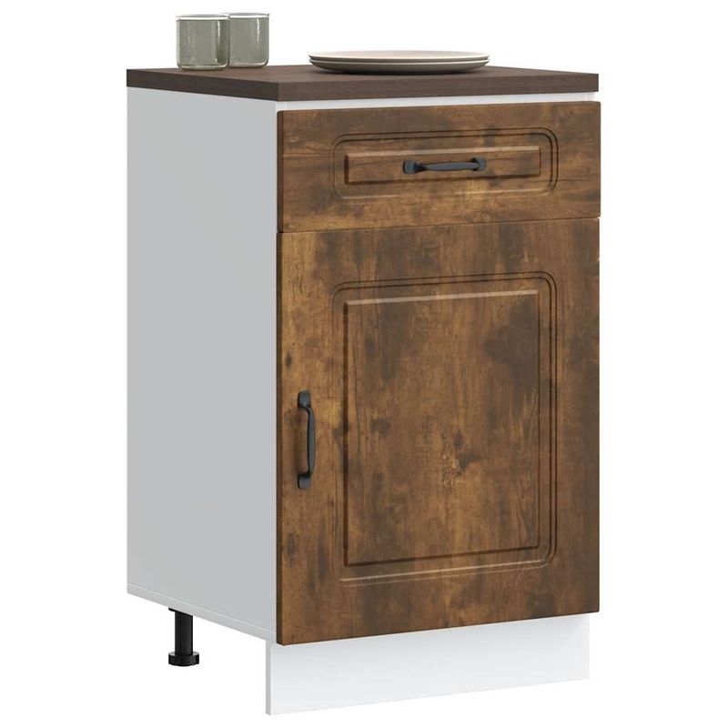 Casa si Gradina - Mobilier - Comode si corpuri - Corpuri bucatarie - Dulap de bucatarie „Kalmar” din lemn de lemn de stejar afumat, model 1x dulap inferior (1 ușă 1 sertar), mărime 50x46x81.5 cm - Infinity.ro