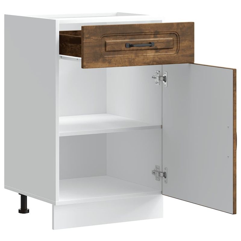Casa si Gradina - Mobilier - Comode si corpuri - Corpuri bucatarie - Dulap de bucatarie „Kalmar” din lemn de lemn de stejar afumat, model 1x dulap inferior (1 ușă 1 sertar), mărime 50x46x81.5 cm - Infinity.ro