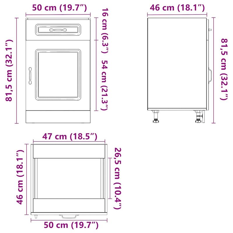 Casa si Gradina - Mobilier - Comode si corpuri - Corpuri bucatarie - Dulap de bucatarie „Kalmar” din lemn de lemn de stejar afumat, model 1x dulap inferior (1 ușă 1 sertar), mărime 50x46x81.5 cm - Infinity.ro