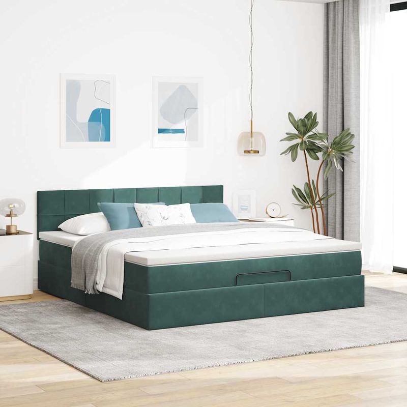 Casa si Gradina - Mobilier - Paturi si accesorii - Paturi - Cadru de pat otoman cu saltea verde inchis 180x200cm catifea - Infinity.ro