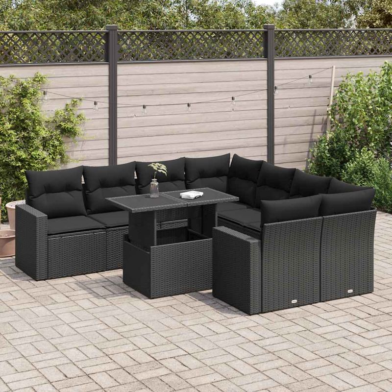 Casa si Gradina - Gradina si terasa - Mobilier exterior - Seturi mobila gradina - Set mobilier de gradina cu perne, 9 piese, negru, poliratan - Infinity.ro