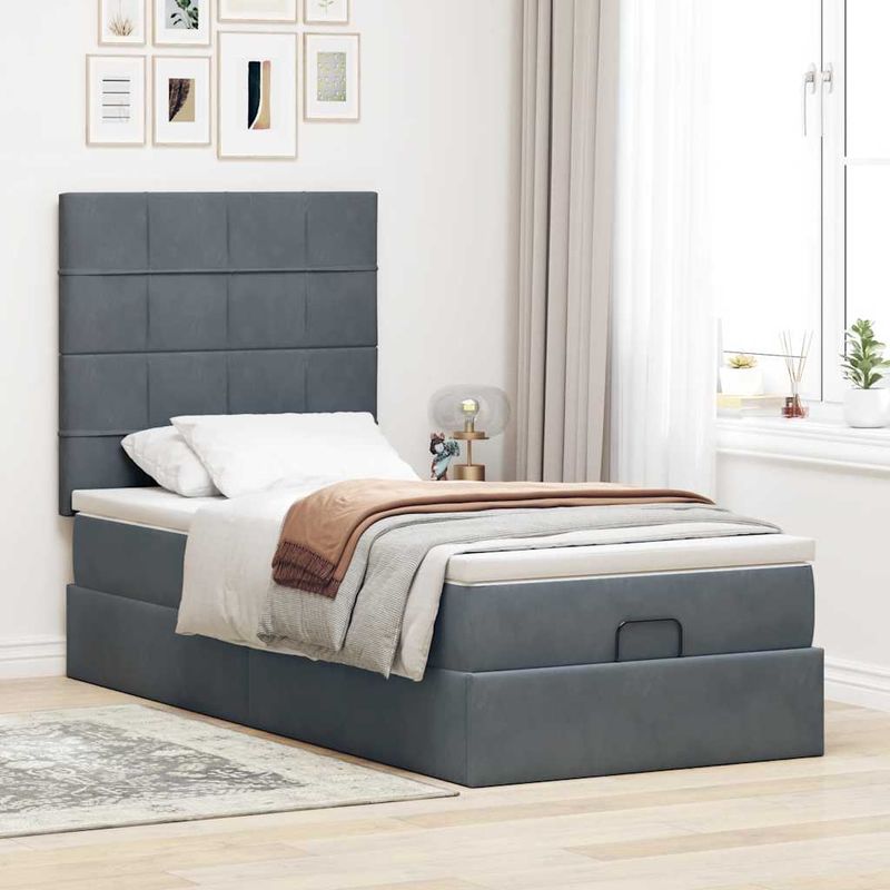 Casa si Gradina - Mobilier - Paturi si accesorii - Paturi - Cadru de pat otoman cu saltele Gri inchis 90x200cm catifea - Infinity.ro