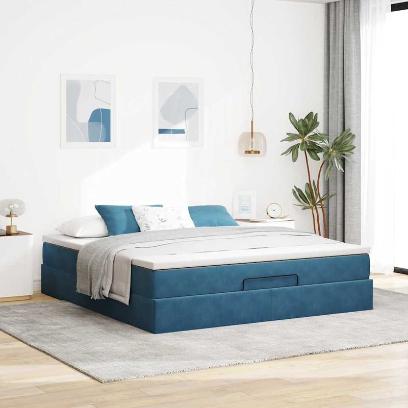 Casa si Gradina - Mobilier - Paturi si accesorii - Paturi - Cadru de pat otoman cu saltea Albastru inchis 160x200cm catifea - Infinity.ro