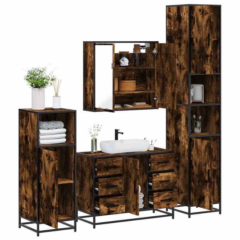 Casa si Gradina - Mobilier - Seturi de mobilier - Seturi baie - Set de mobilier de baie 4 piese Lemn prelucrat de stejar afumat - Infinity.ro