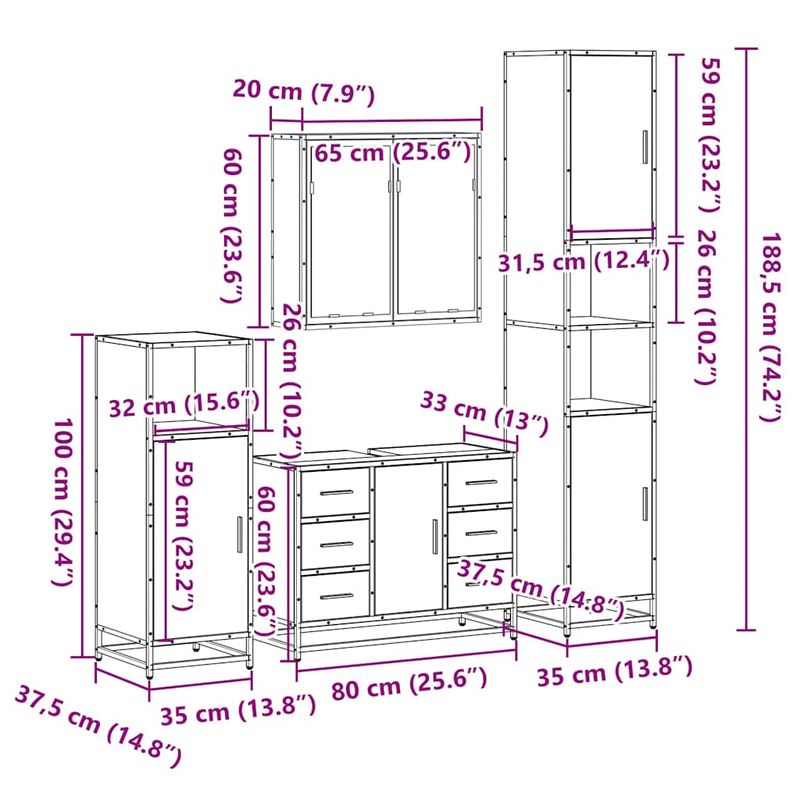 Casa si Gradina - Mobilier - Seturi de mobilier - Seturi baie - Set de mobilier de baie 4 piese Lemn prelucrat de stejar afumat - Infinity.ro