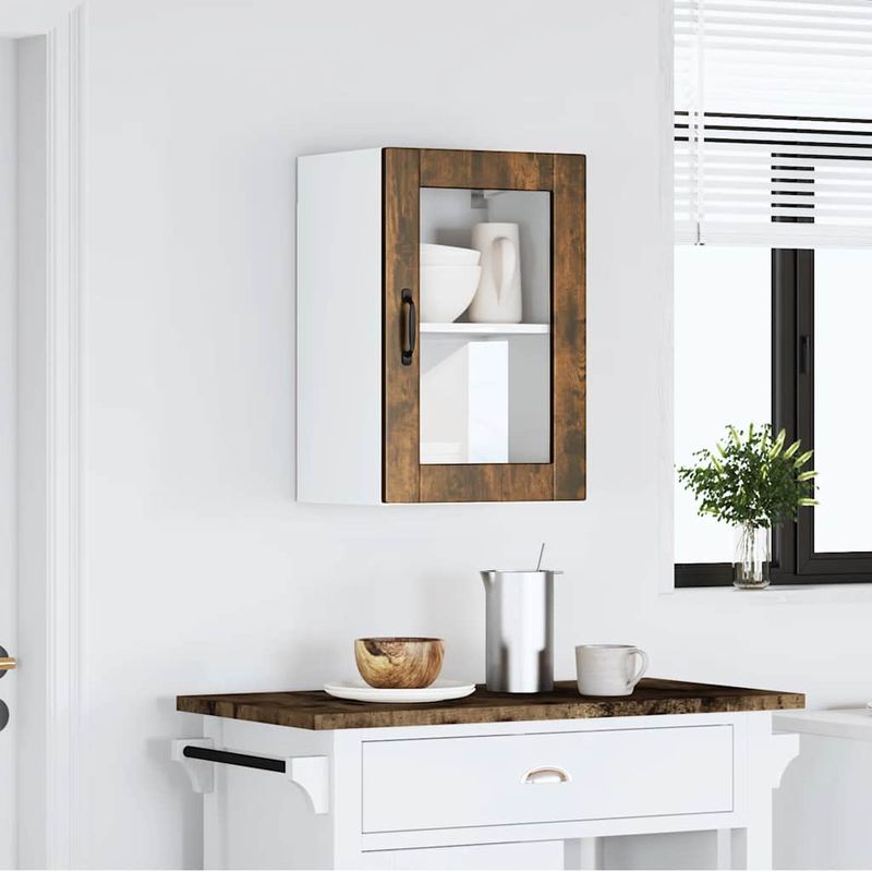 Casa si Gradina - Mobilier - Comode si corpuri - Corpuri bucatarie - Dulap de bucatarie cu usa din sticla stejar afumat „Porto”., model 1x dulap de perete din sticlă (1 ușă), mărime 40x31x60 cm - Infinity.ro