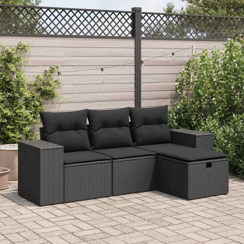 Casa si Gradina - Gradina si terasa - Mobilier exterior - Seturi mobila gradina - Set mobilier de gradina cu perne, 4 piese, negru, poliratan - Infinity.ro