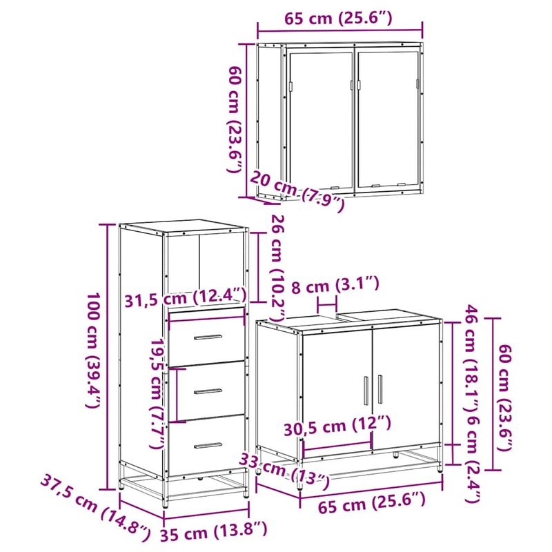 Casa si Gradina - Mobilier - Seturi de mobilier - Seturi baie - Set mobilier de baie, 3 piese, gri sonoma, lemn prelucrat - Infinity.ro