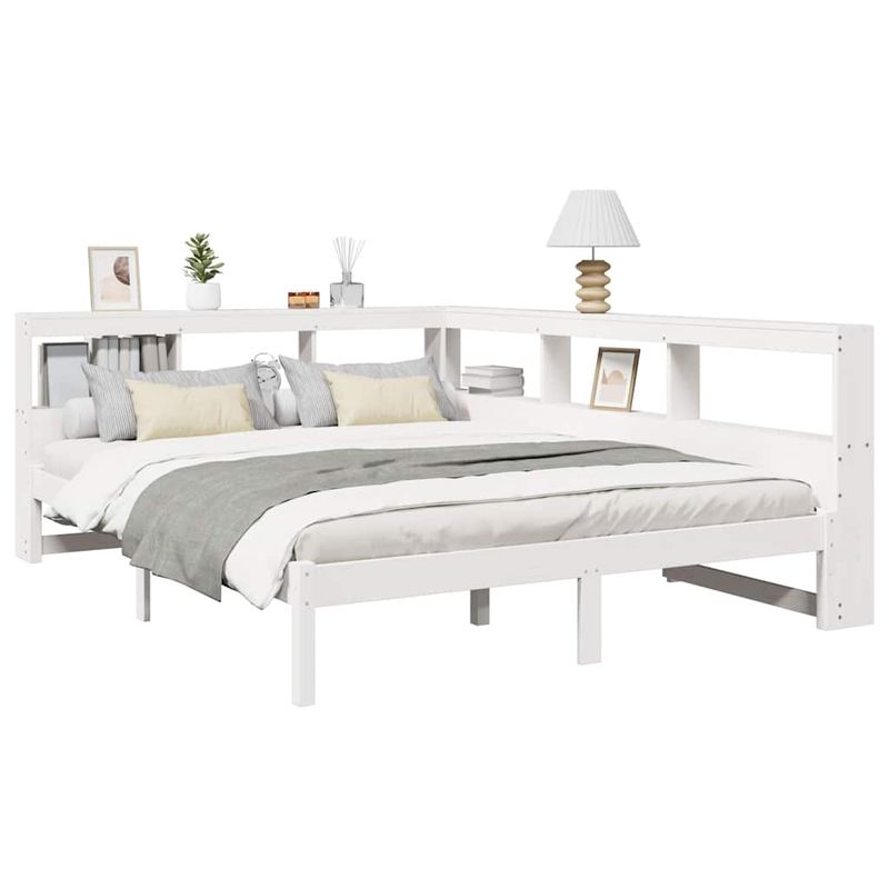 Casa si Gradina - Mobilier - Paturi si accesorii - Paturi - Pat cu biblioteca fara saltea, alb, 160x200 cm, lemn masiv pin - Infinity.ro