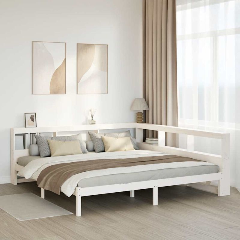 Casa si Gradina - Mobilier - Paturi si accesorii - Paturi - Pat cu biblioteca fara saltea, alb, 200x200 cm, lemn masiv pin - Infinity.ro
