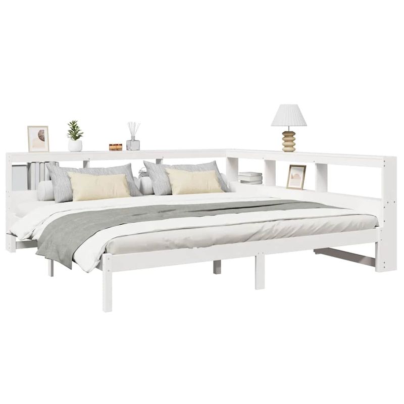 Casa si Gradina - Mobilier - Paturi si accesorii - Paturi - Pat cu biblioteca fara saltea, alb, 200x200 cm, lemn masiv pin - Infinity.ro