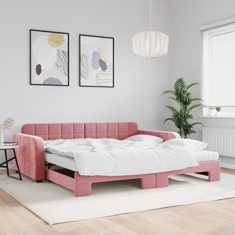 Casa si Gradina - Mobilier - Paturi si accesorii - Paturi - Pat de zi cu extensie si saltea, roz, 100x200 cm, catifea - Infinity.ro
