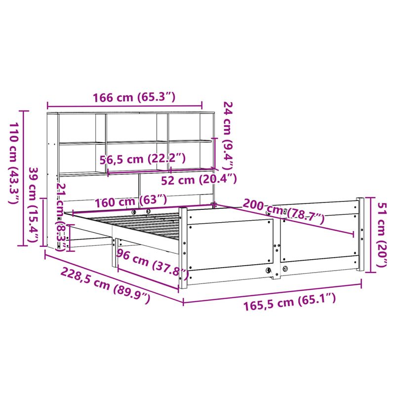 Casa si Gradina - Mobilier - Paturi si accesorii - Paturi - Pat cu biblioteca fara saltea, alb, 160x200 cm, lemn masiv pin - Infinity.ro
