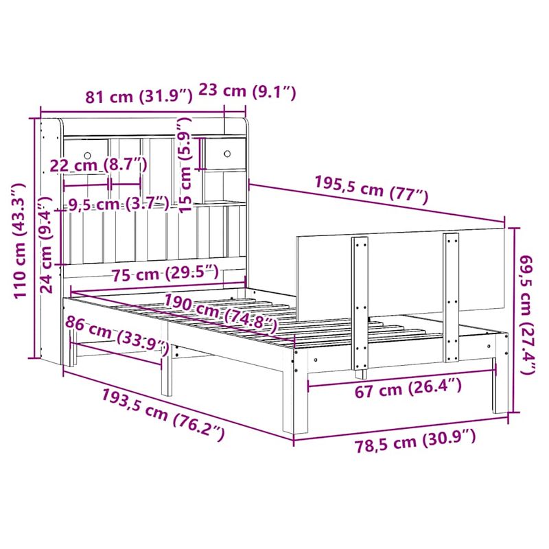 Casa si Gradina - Mobilier - Paturi si accesorii - Paturi - Pat cu biblioteca fara saltea, alb, 75x190 cm, lemn masiv pin - Infinity.ro