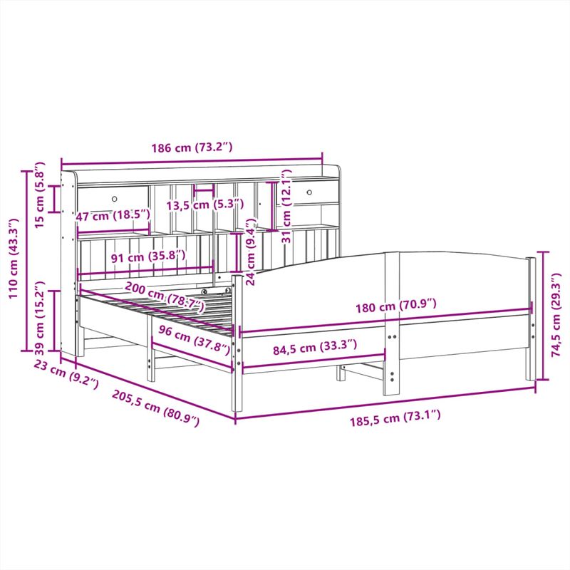 Casa si Gradina - Mobilier - Paturi si accesorii - Paturi - Pat cu biblioteca fara saltea, 180x200 cm, lemn masiv de pin - Infinity.ro