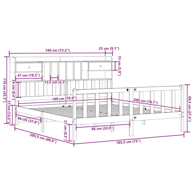 Casa si Gradina - Mobilier - Paturi si accesorii - Paturi - Pat cu biblioteca fara saltea, 180x200 cm, lemn masiv de pin - Infinity.ro