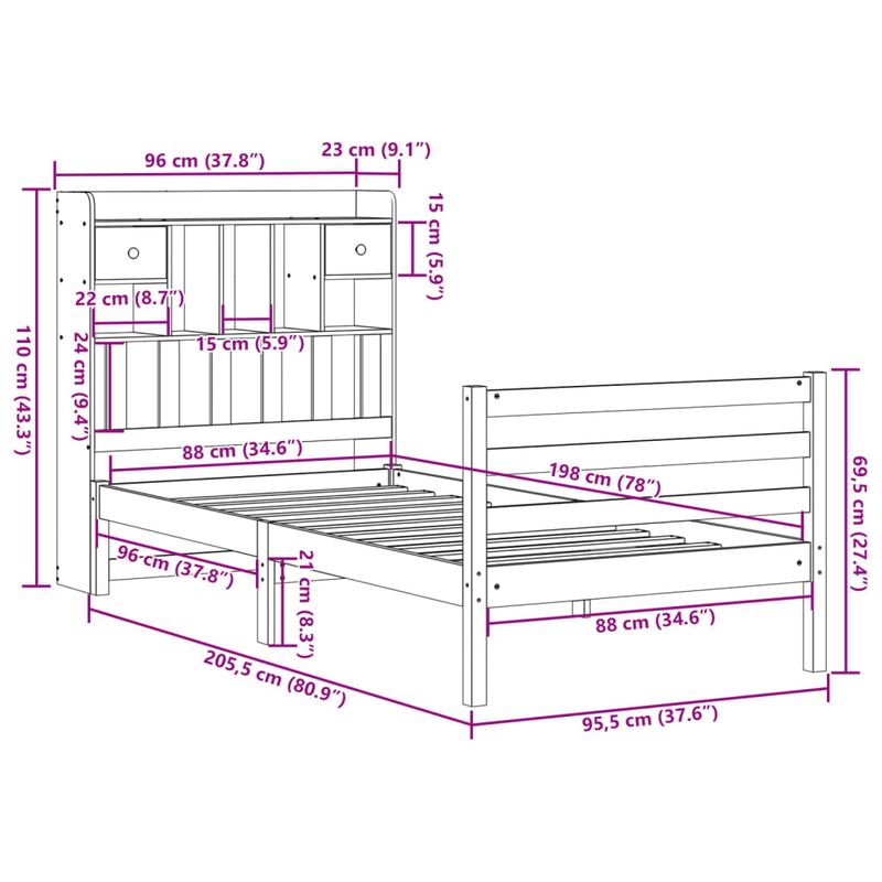 Casa si Gradina - Mobilier - Paturi si accesorii - Paturi - Pat cu biblioteca fara saltea, 90x200 cm, lemn masiv pin - Infinity.ro