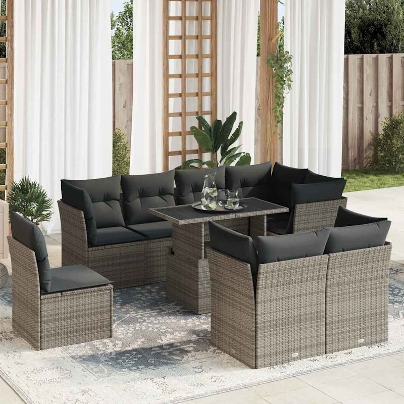 Casa si Gradina - Gradina si terasa - Mobilier exterior - Seturi mobila gradina - Set canapele de gradina, 9 piese, cu perne, gri, poliratan - Infinity.ro