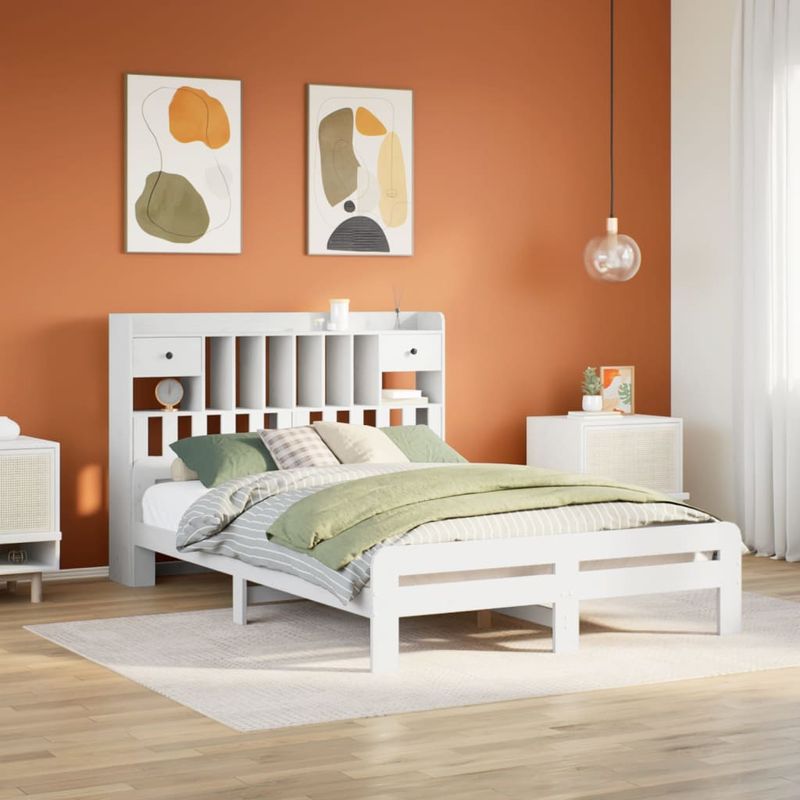 Casa si Gradina - Mobilier - Paturi si accesorii - Paturi - Pat cu biblioteca fara saltea, alb, 140x190 cm, lemn masiv pin - Infinity.ro