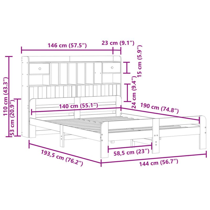 Casa si Gradina - Mobilier - Paturi si accesorii - Paturi - Pat cu biblioteca fara saltea, alb, 140x190 cm, lemn masiv pin - Infinity.ro
