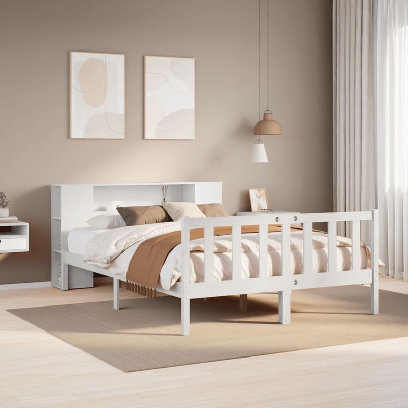 Casa si Gradina - Mobilier - Paturi si accesorii - Paturi - Pat cu biblioteca fara saltea, alb, 160x200 cm, lemn masiv pin - Infinity.ro
