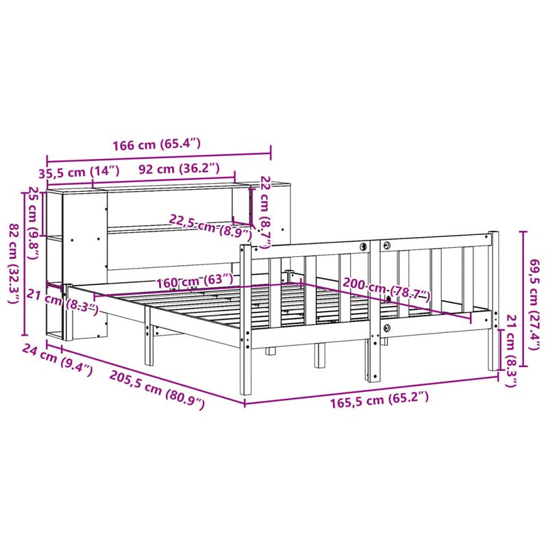 Casa si Gradina - Mobilier - Paturi si accesorii - Paturi - Pat cu biblioteca fara saltea, alb, 160x200 cm, lemn masiv pin - Infinity.ro