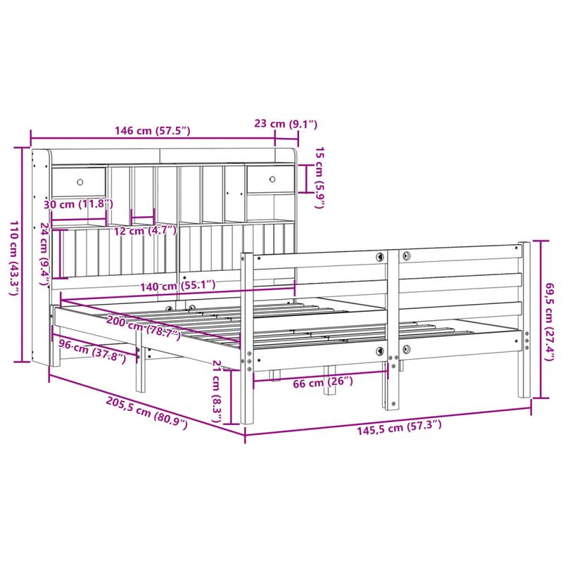 Casa si Gradina - Mobilier - Paturi si accesorii - Paturi - Pat cu biblioteca fara saltea, alb, 140x200 cm, lemn masiv pin - Infinity.ro