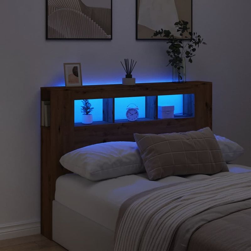 Casa si Gradina - Mobilier - Paturi si accesorii - Accesorii paturi - Tablie de pat cu LED, stejar artizanal, 140x18,5x103,5 cm, lemn - Infinity.ro