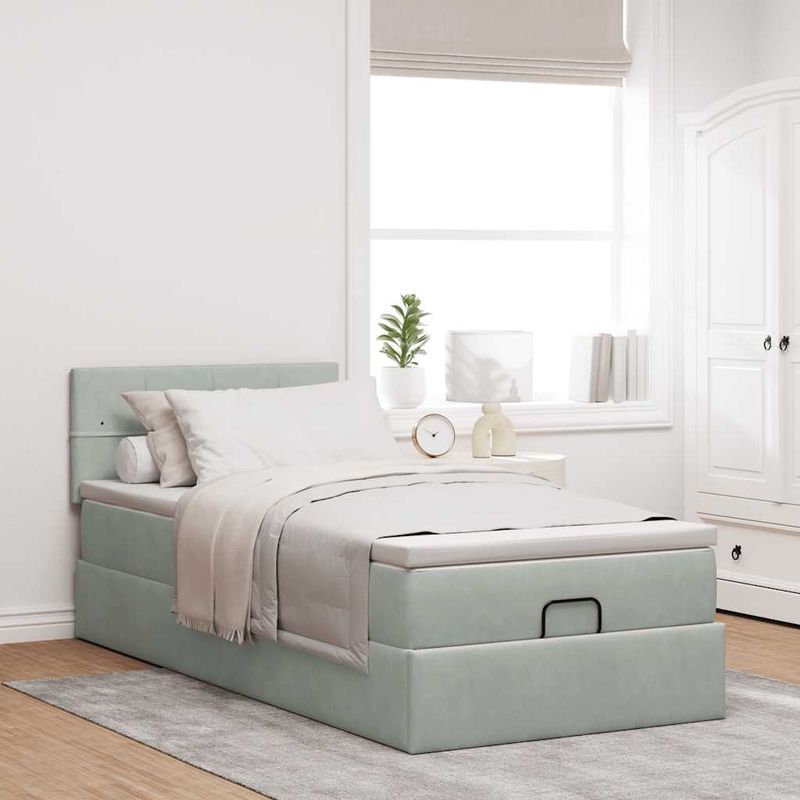 Casa si Gradina - Mobilier - Paturi si accesorii - Paturi - Cadru de pat otoman cu saltea Gri deschis 80x200cm catifea - Infinity.ro
