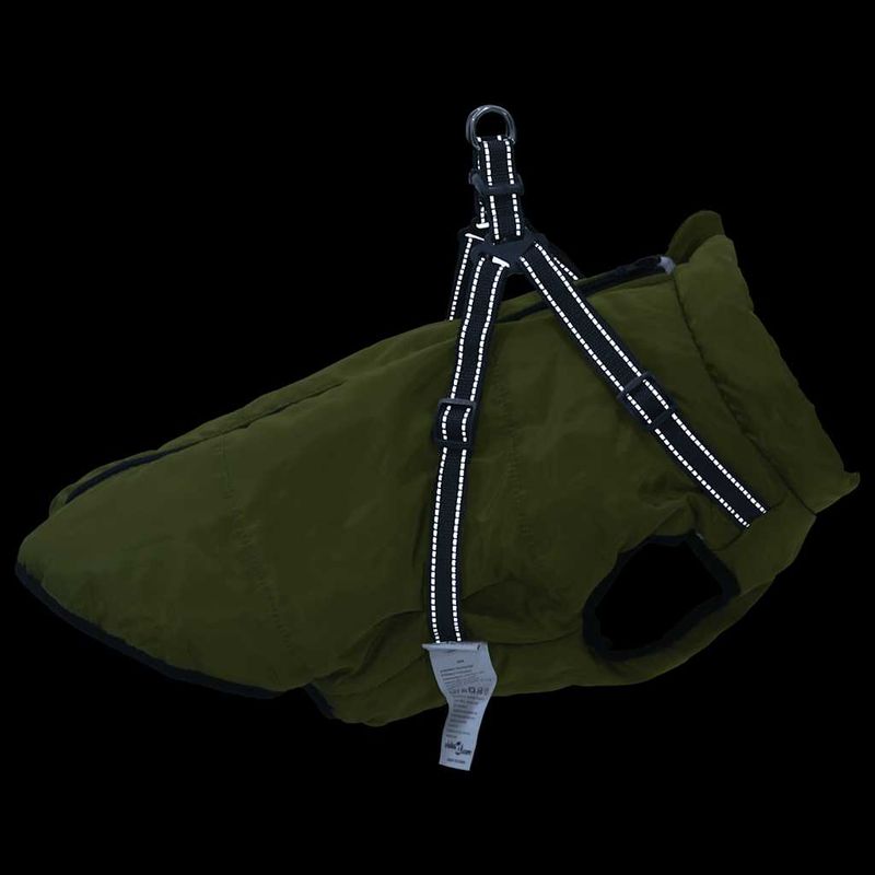 Petshop - Articole imbracaminte - Haine animale - Haina caini cu ham impermeabila reflectorizanta verde kaki, 6XL - Infinity.ro