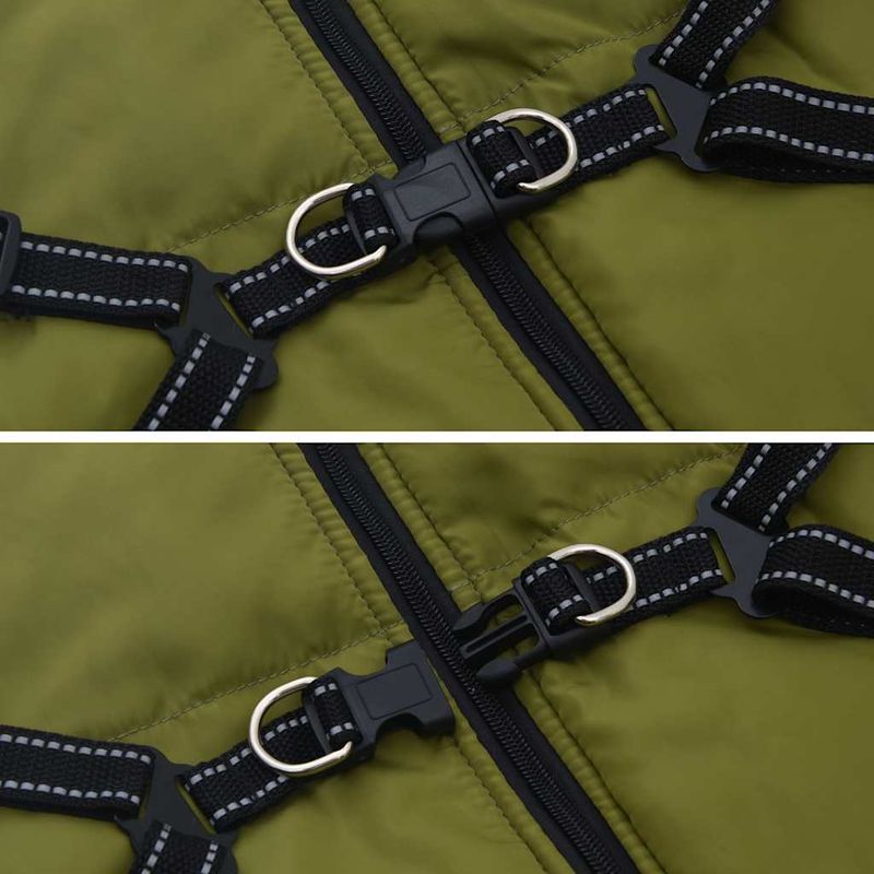 Petshop - Articole imbracaminte - Haine animale - Haina caini cu ham impermeabila reflectorizanta verde kaki, 6XL - Infinity.ro