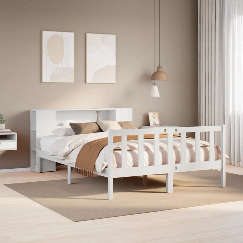 Casa si Gradina - Mobilier - Paturi si accesorii - Paturi - Pat cu biblioteca fara saltea, alb, 150x200 cm, lemn masiv pin - Infinity.ro