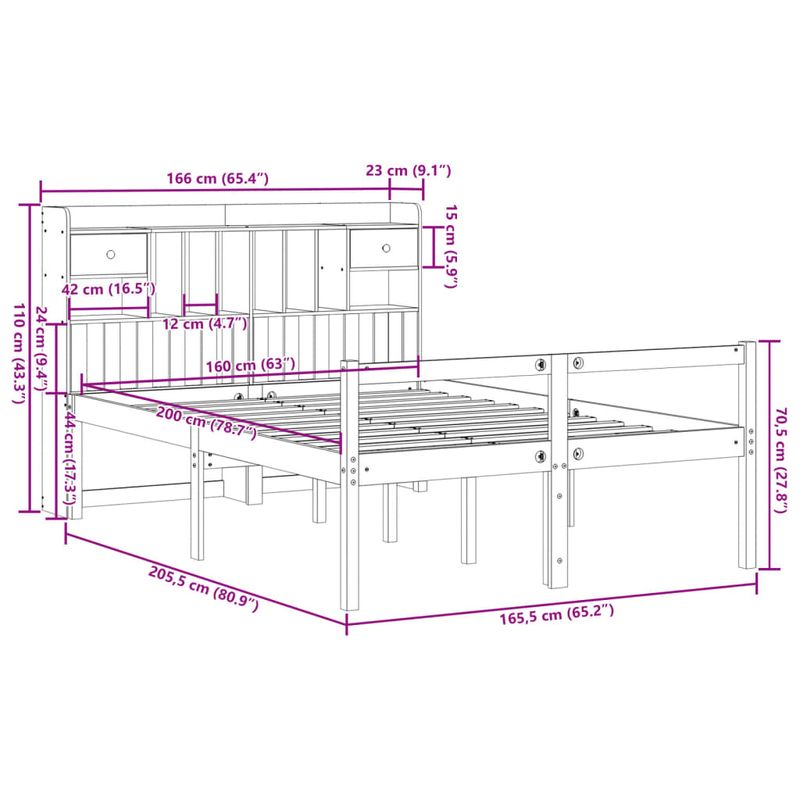 Casa si Gradina - Mobilier - Paturi si accesorii - Paturi - Pat cu biblioteca fara saltea, alb, 160x200 cm, lemn masiv pin - Infinity.ro