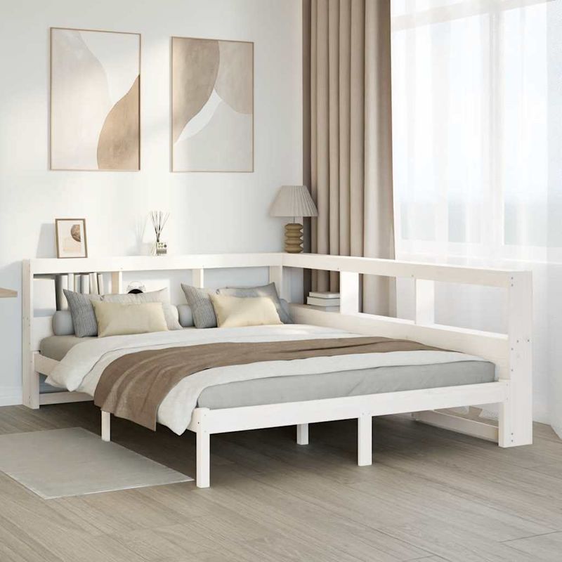 Casa si Gradina - Mobilier - Paturi si accesorii - Paturi - Pat cu biblioteca fara saltea, alb, 140x190 cm, lemn masiv pin - Infinity.ro