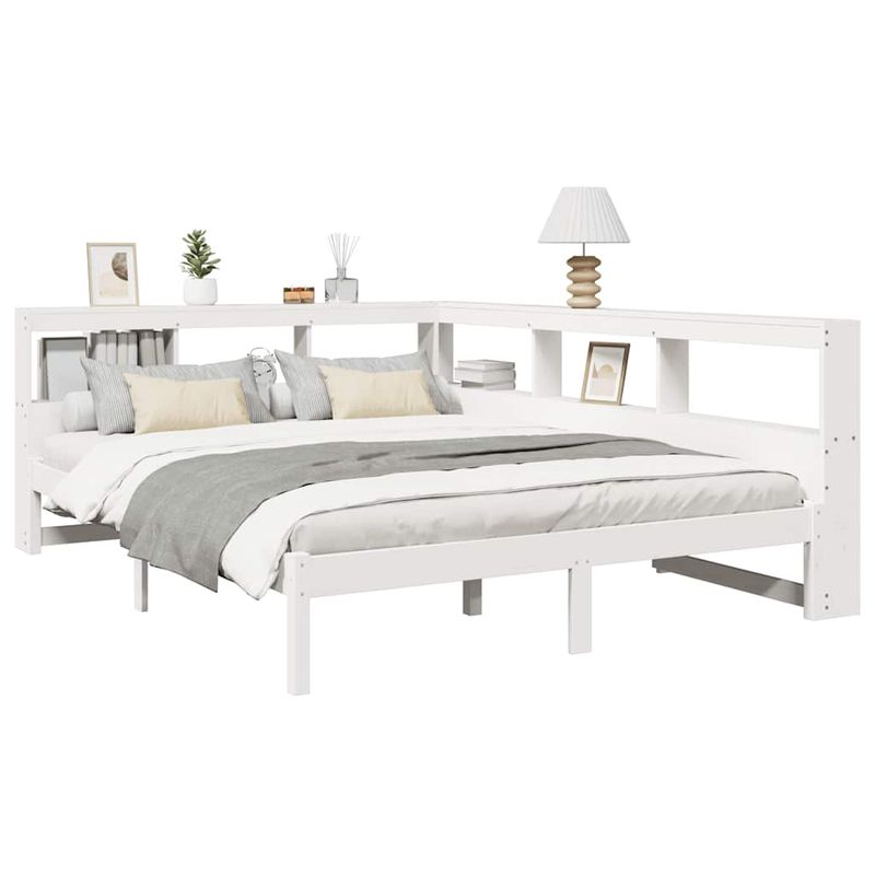Casa si Gradina - Mobilier - Paturi si accesorii - Paturi - Pat cu biblioteca fara saltea, alb, 140x190 cm, lemn masiv pin - Infinity.ro