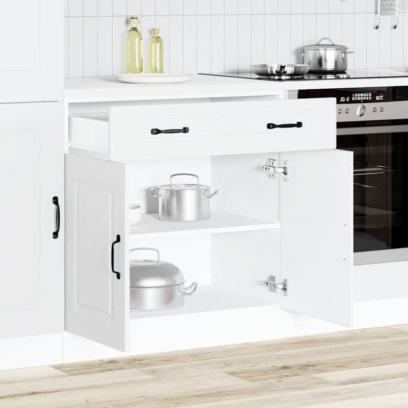 Casa si Gradina - Mobilier - Comode si corpuri - Corpuri bucatarie - Dulap de baza de bucatarie „Kalmar” din lemn prelucrat alb, model 1x dulap inferior (2 uși 1 sertar), mărime 80x46x81.5 cm - Infinity.ro